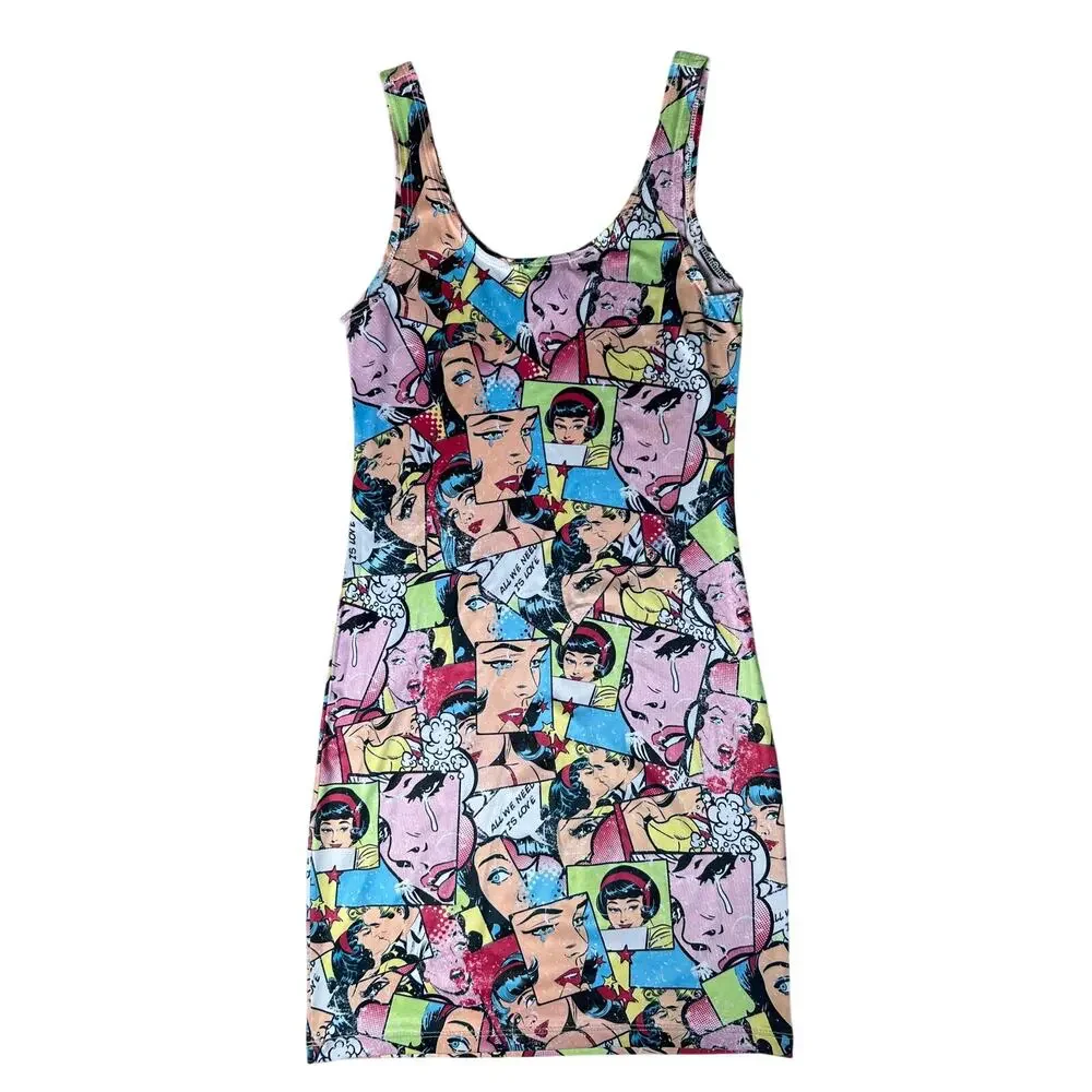 Vintage Y2K Wet Seal Superhero comic book body con dress. Size s